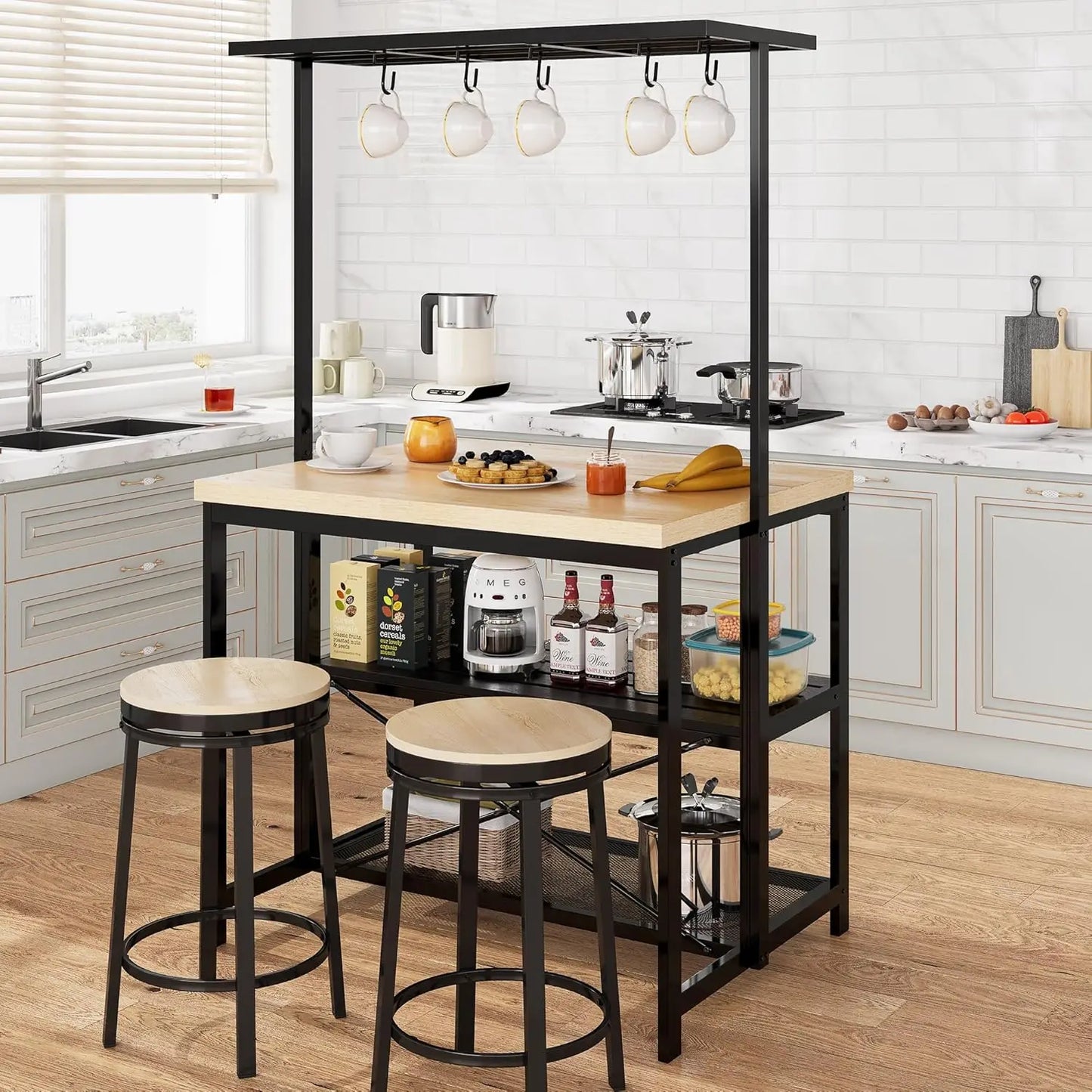 Kitchen Island with Storage Bakers Rack with Power Outlet 3 Tier Microwave Stand Oven Shelf Bar Table