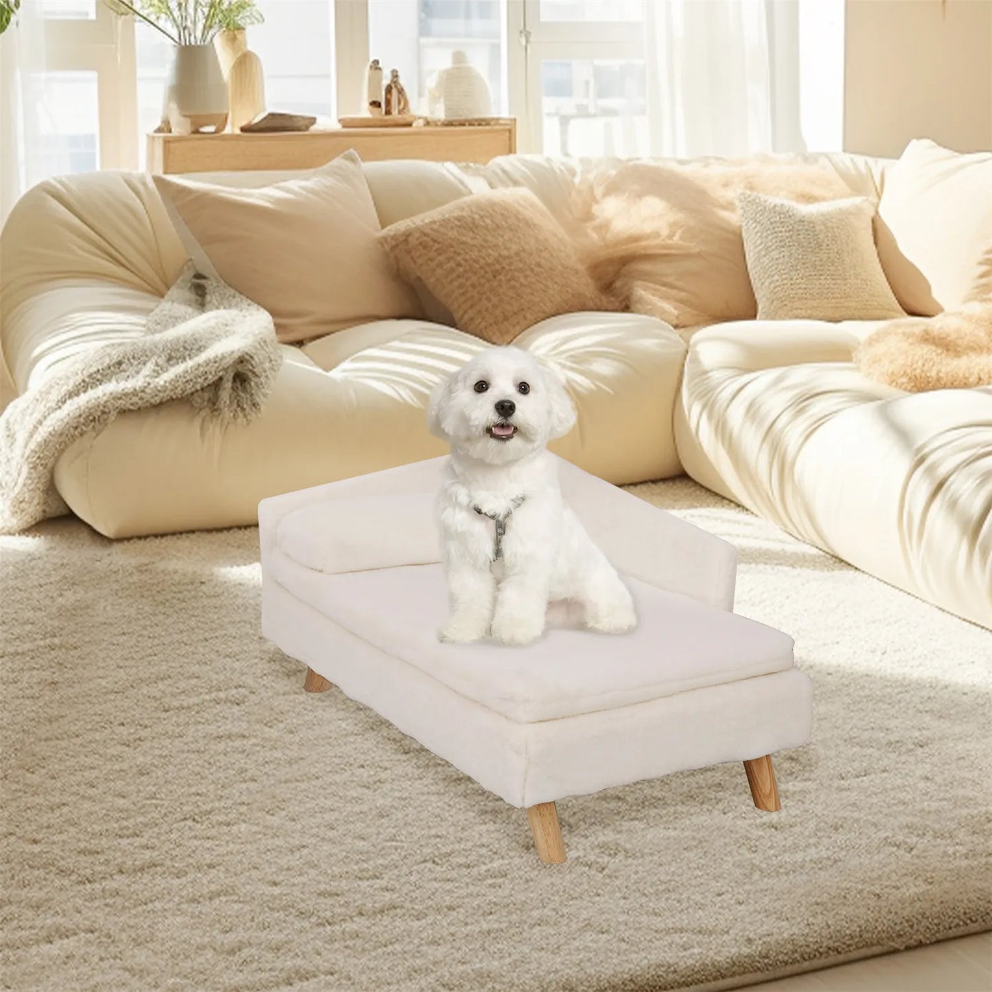 Elevated Pet Bed Nordic Pet Stool Bed with Cozy Waterproof Pad Pet Sofa Bed with Sturdy Wood Legs for Small Dogs and Kittens