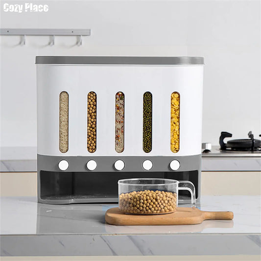 Wall Mounted Cereal Dispenser 5 Grid Dry Food Dispenser 10L Rice Grain Storage Container for Kitchen Home