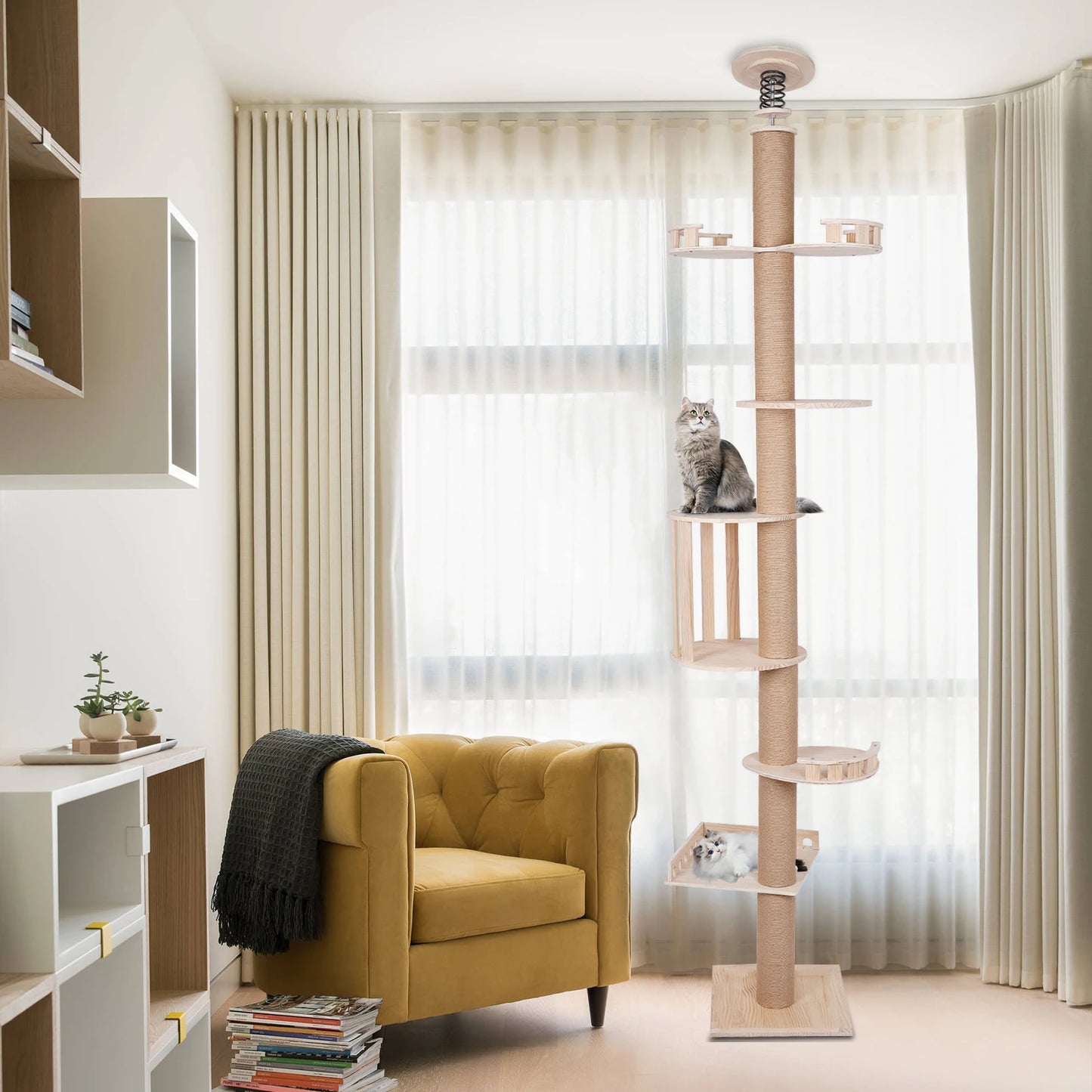5 Layer Cat Climbing Frame Cat Tower Floor To Ceiling Solid Wood Pet Furniture