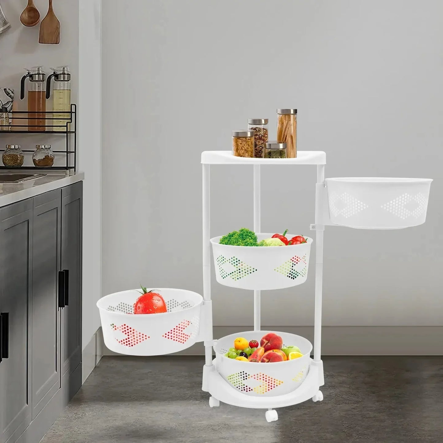 Bymaocar 4 Layers Rotating Kitchen Fruit and Vegetable Storage Rack White Storage Basket with Wheels for Living Room and Bedroom