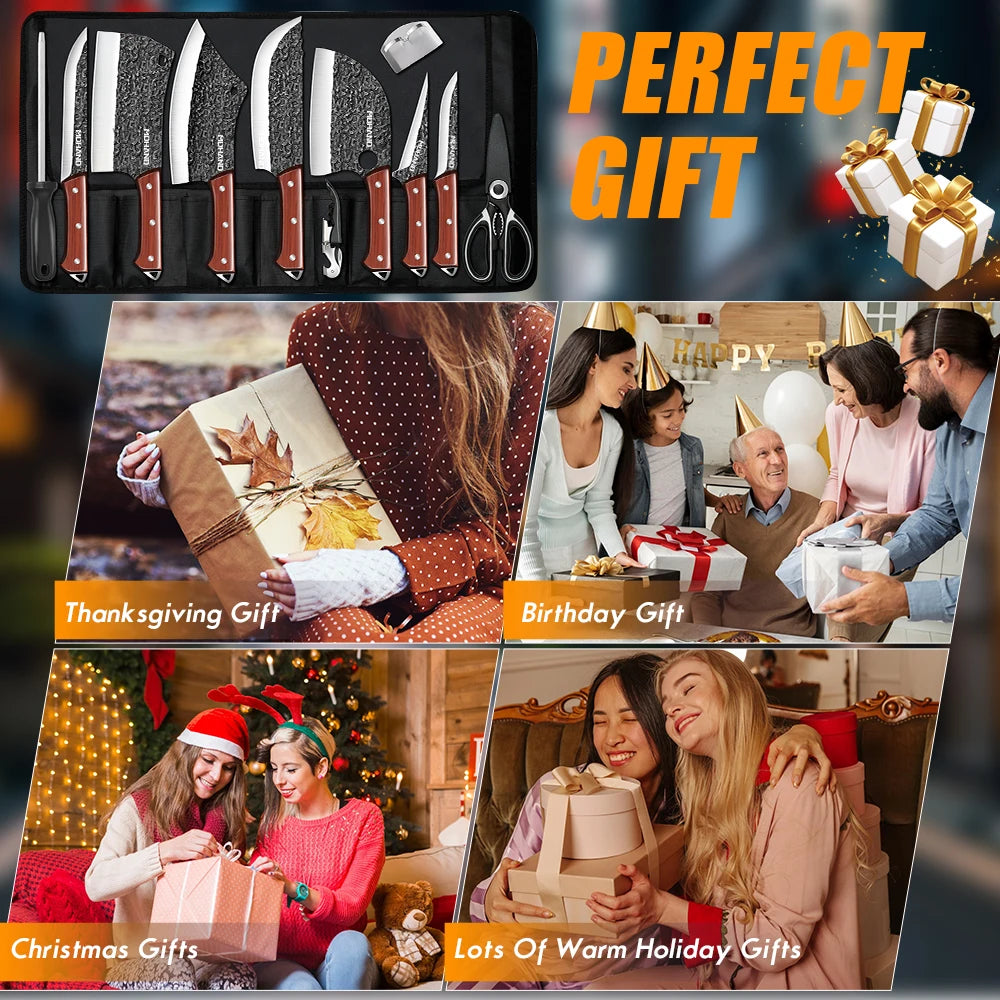 14PCS Kitchen Knives Set Cleaver Meat Cut Steak Fillet Fish Knife Butcher Boning Hand Forged Blade with Scissors and Knife Sharpener