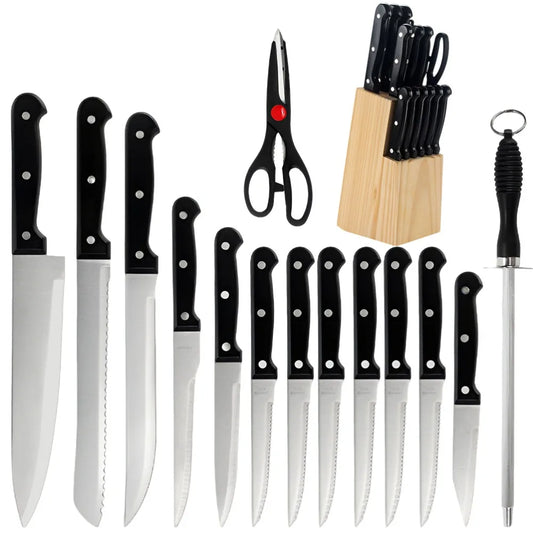Full 15pcs Chef Knife Set Stainless Steel Kitchen Knives with Scissors Sharpening Rod and Solid Wood Knife Block