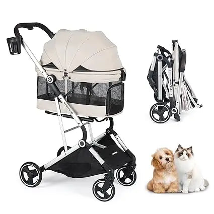 T4 Pet Stroller for Small Medium Dogs and Cats Folding Pet Stroller with Canopy and Cup Holder Beige