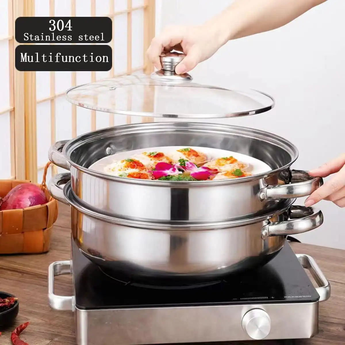 Hign-concerned Stainless Steel 3 Tier Steamer Pot With Lid