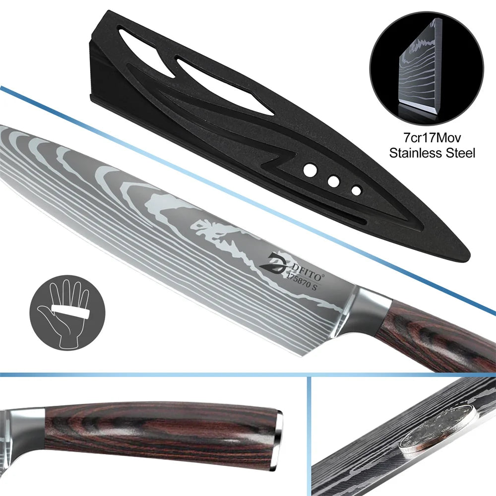 8 Pieces Kitchen Knife Set Damascus Stainless Steel Chef Utility Paring Boning Cleaver Slicing Santoku Knives With Nylon Bag