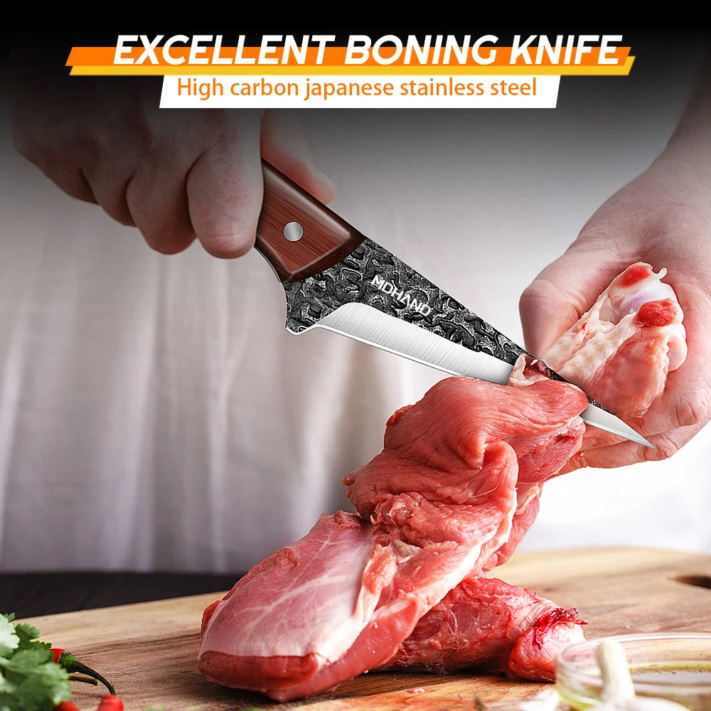 14PCS Kitchen Knives Set Cleaver Meat Cut Steak Fillet Fish Knife Butcher Boning Hand Forged Blade with Scissors and Knife Sharpener