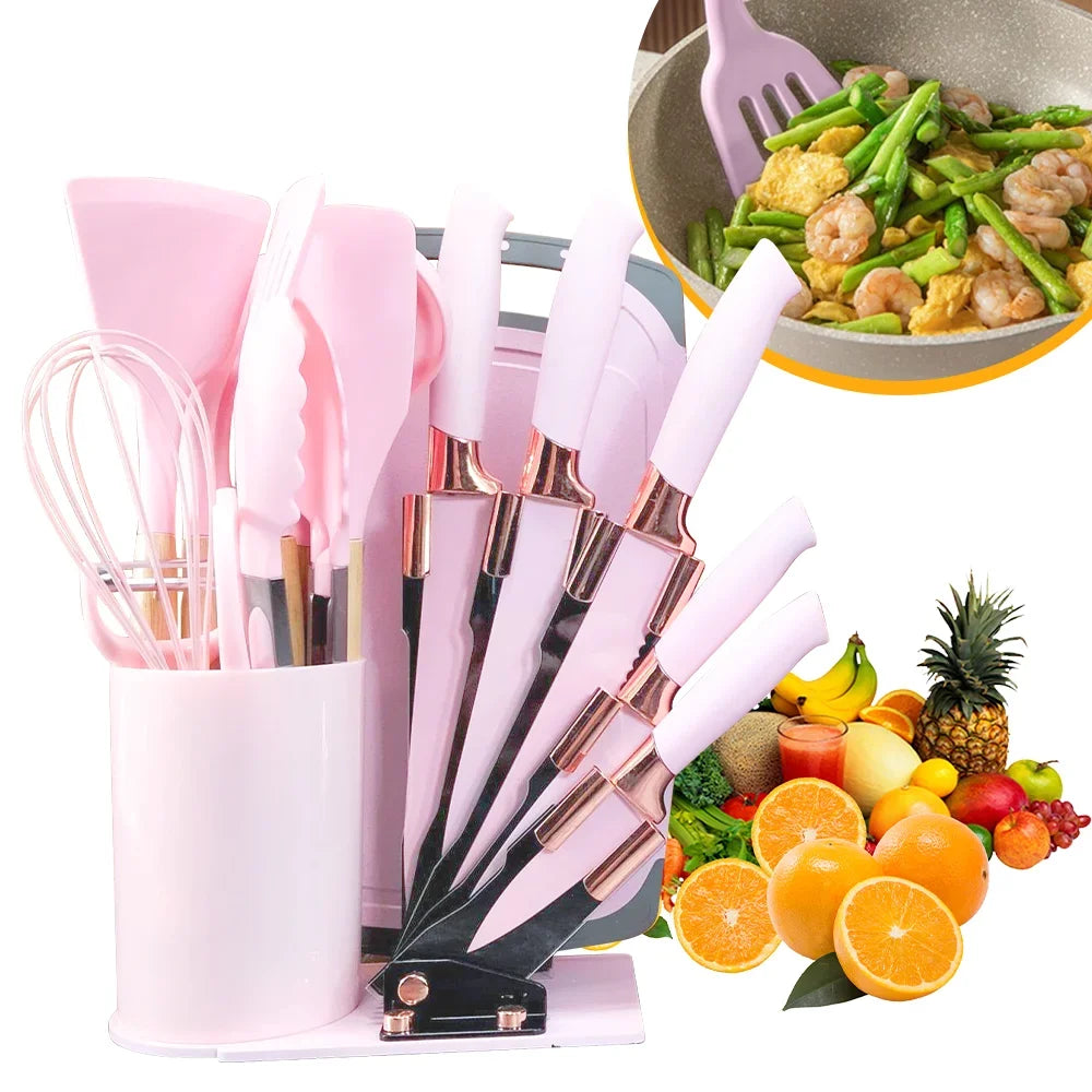 20 Piece Silicone Kitchen Knife Set Heat Resistant Non Stick Soup Spoon Cooking Utensils with Scissors Peeler and Meat Cutter