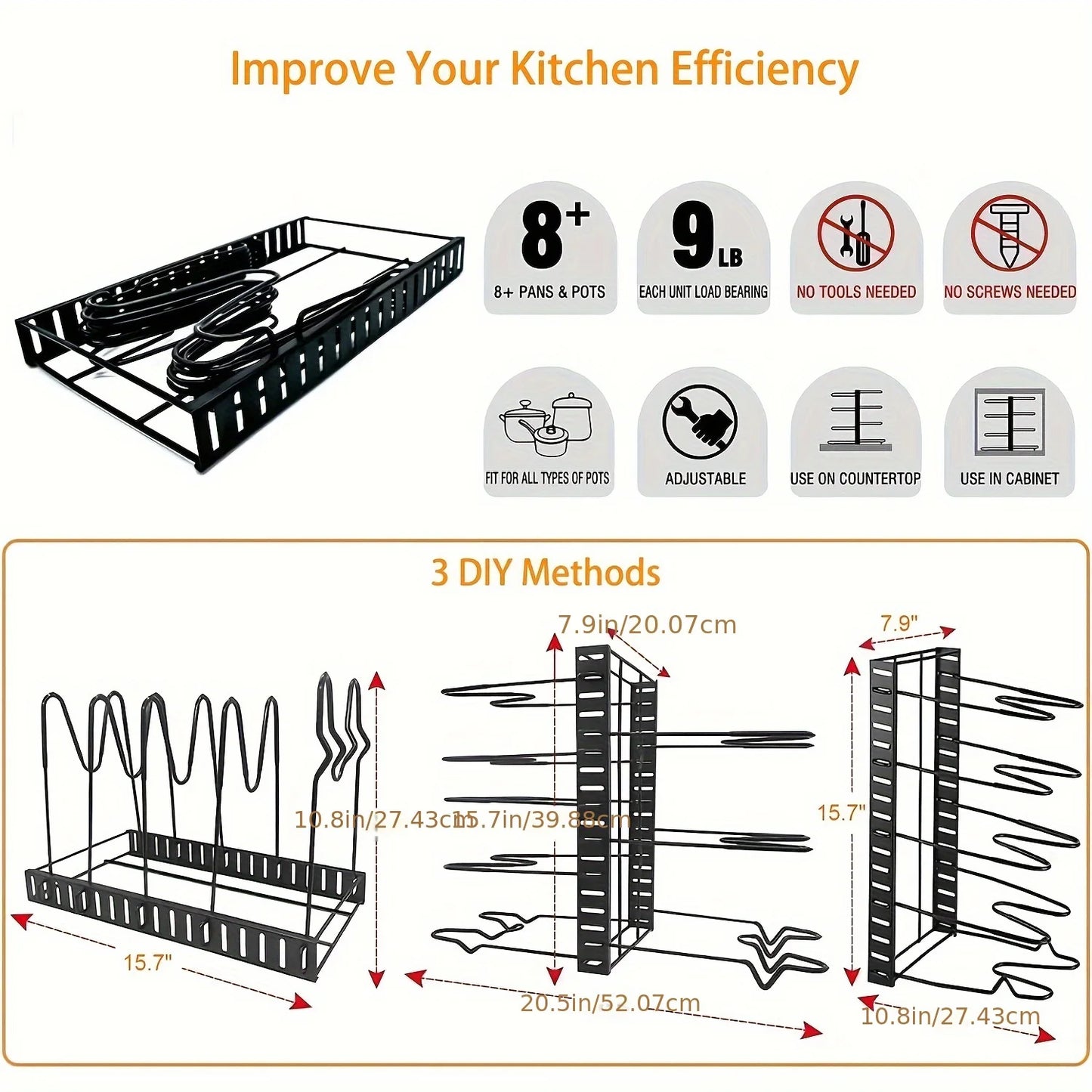 2 Pack Pot Rack Organizers Adjustable Kitchen Storage Rack Pot Lid Holders and Pan Rack