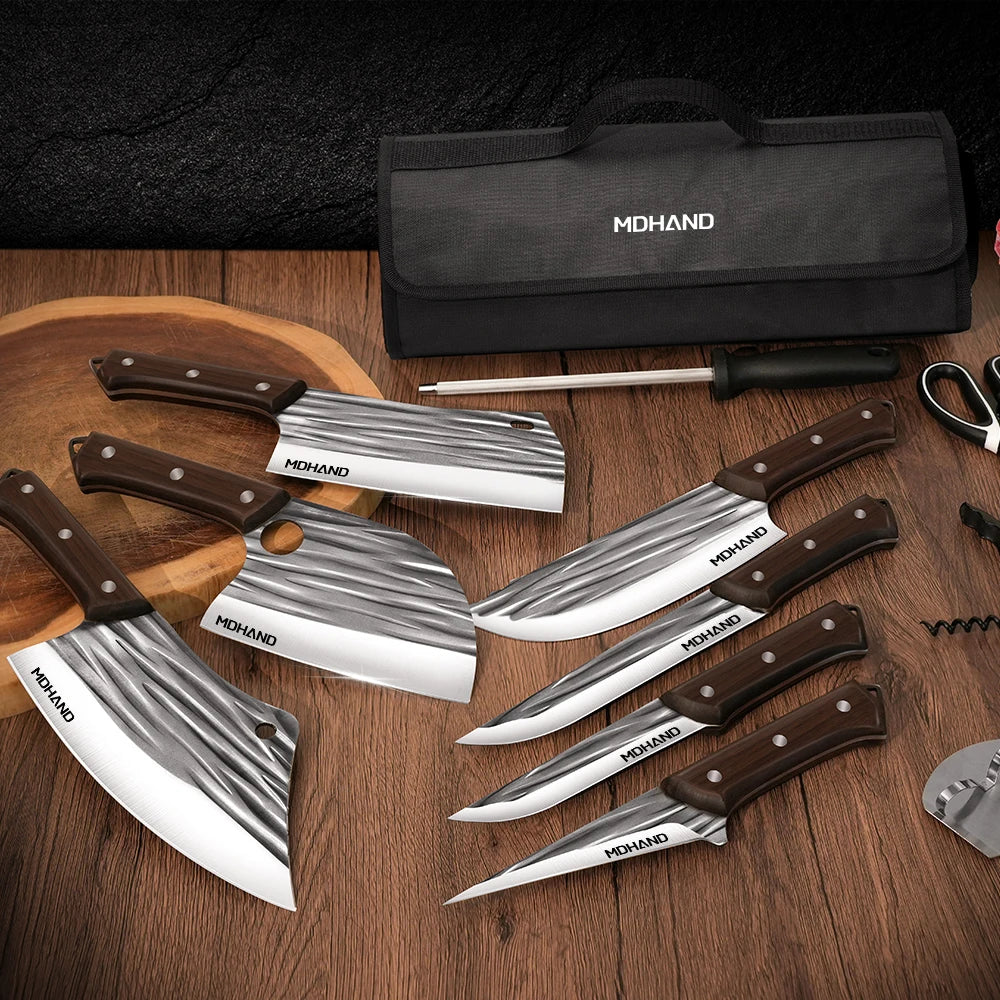 Meat Cleaver Knife Set 14 Pieces High Carbon Steel Professional Chef Kitchen Knives with Boning Knife Roll Bag and Accessories