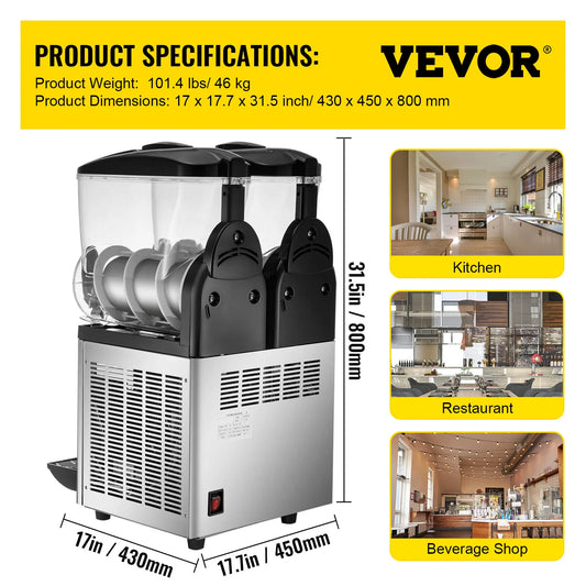VEVOR 2x15L Commercial Slushy Machine Double Drink Dispenser Cold Juice Beverage Maker Stainless Steel for Home Bar and Restaurant
