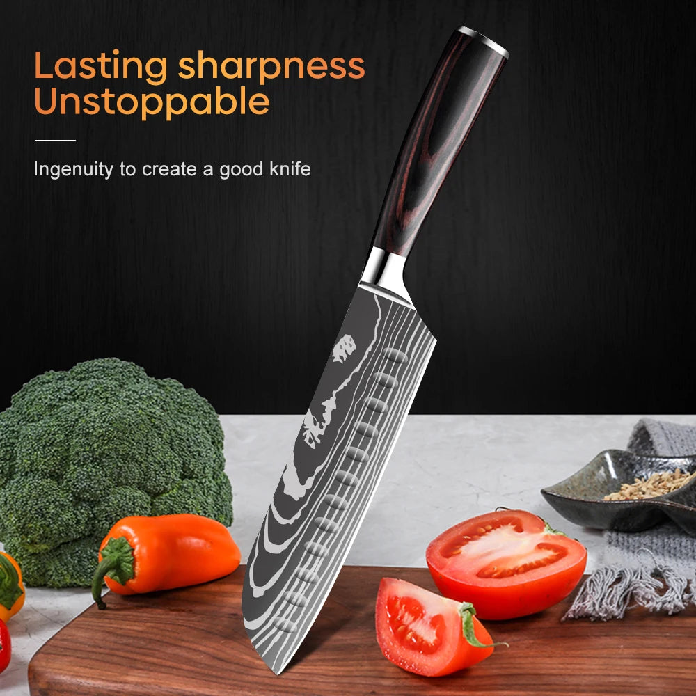7 Inch Santoku Knife Laser Damascus Stainless Steel Kitchen Knife Professional Chef Knife Full Tang Vegetable Cutting Knife