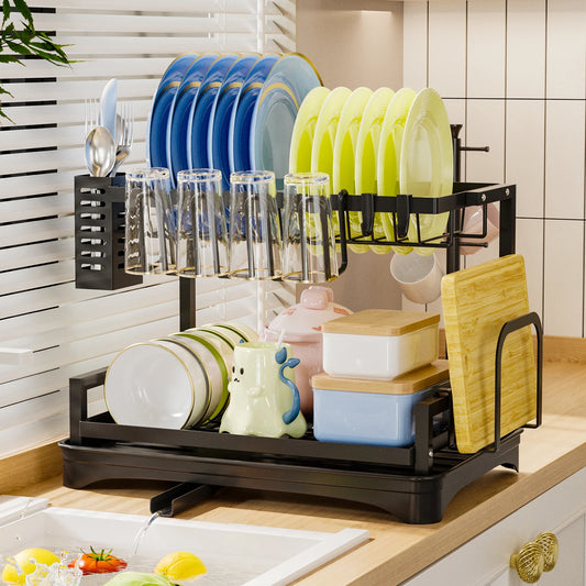 Dish Drying Rack 2 Tier Dish Racks for Kitchen Counter Large Dish Drying Rack with Drainboard and Utensil Holders