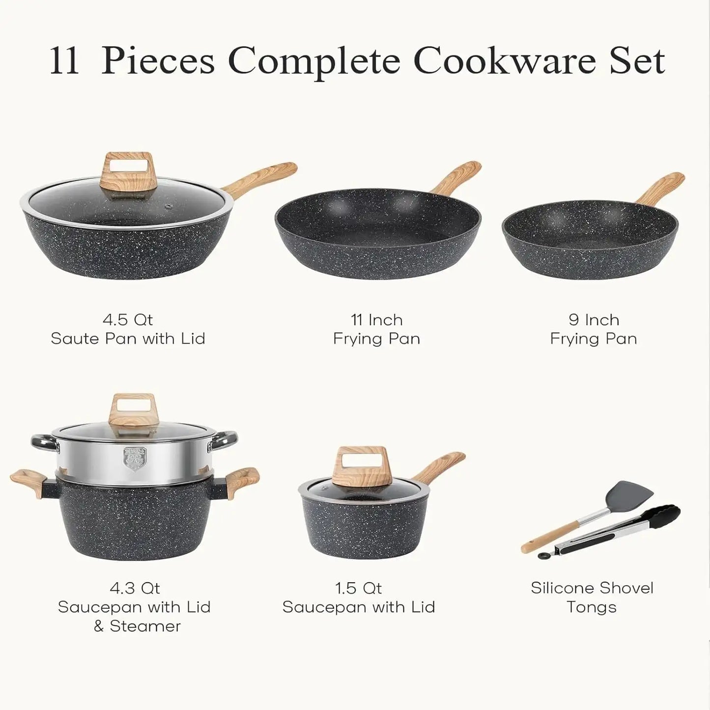 XMSJH Granite Cookware 11 Piece Nonstick Pots And Pans Set