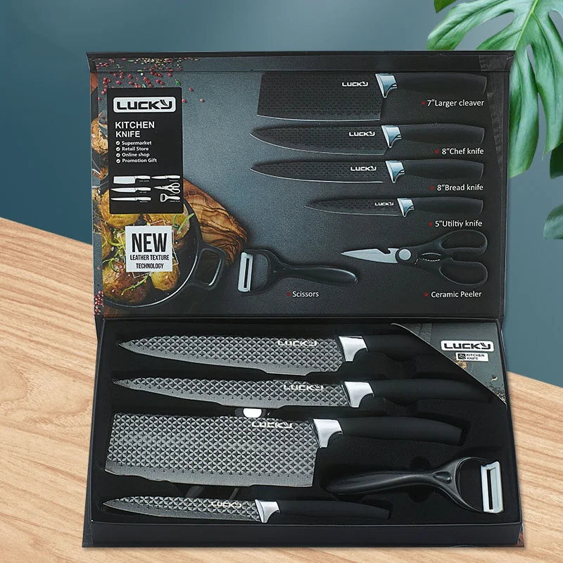 Stainless Steel Forged Chef Kitchen Knife Set with Scissors Vegetable Peeler Slicer and Paring Knife Diamond Pattern
