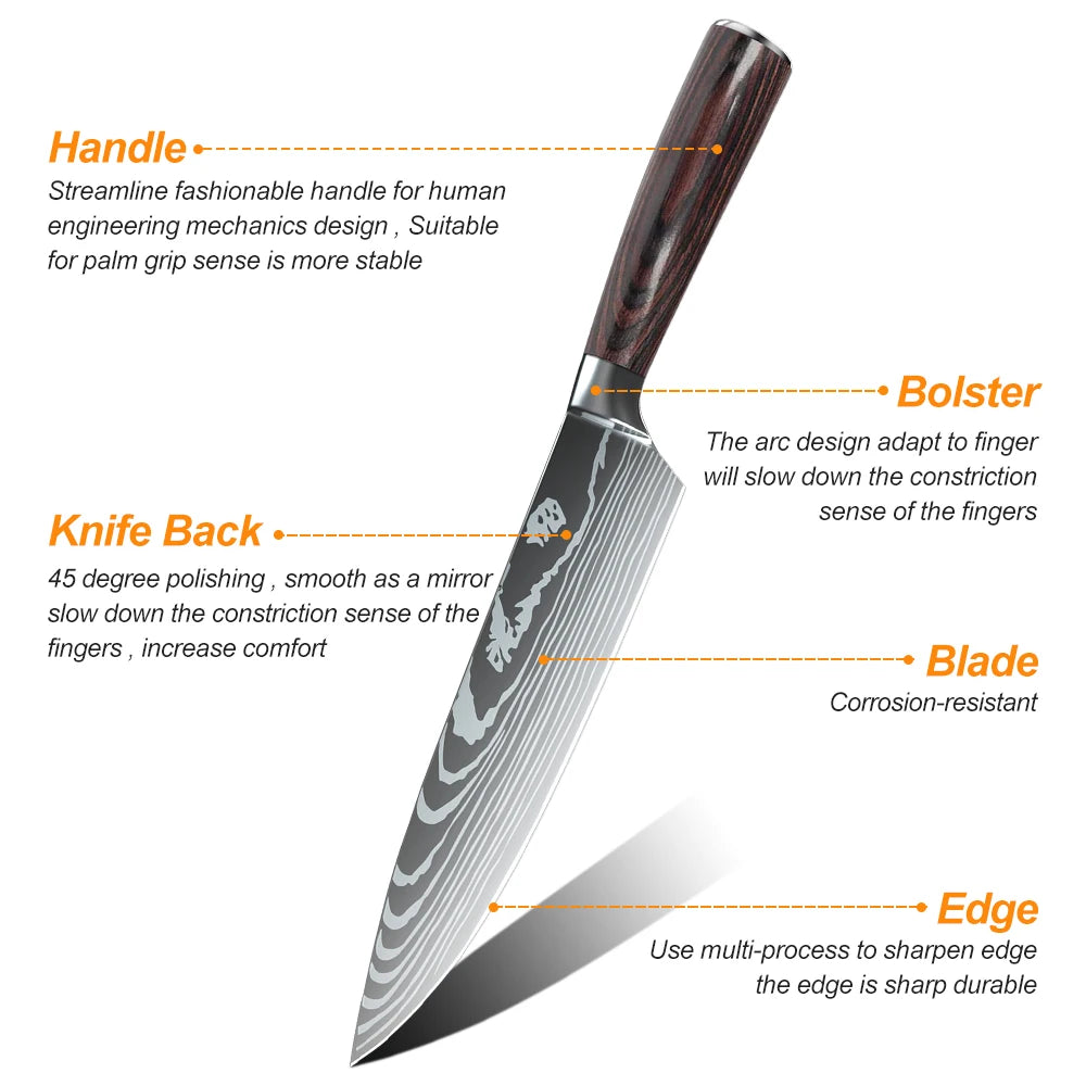8 or 10 Pieces Gift Japanese Kitchen Knives Set Laser Damascus Pattern High Carbon Stainless Steel Chef Knife and Fruit Slicing Knife