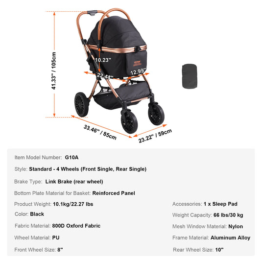 Vevor 66 Pounds Pet Stroller Foldable Dog Puppy Stroller with Brakes Storage Basket Detachable Carrier for Medium Dogs