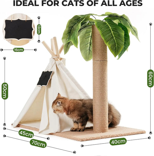 MewooFun Cats Scratching Post Teepee Cat Tree with Simulated Leaves 60cm Tall Pet Bed Tent Indoor Cat Play House