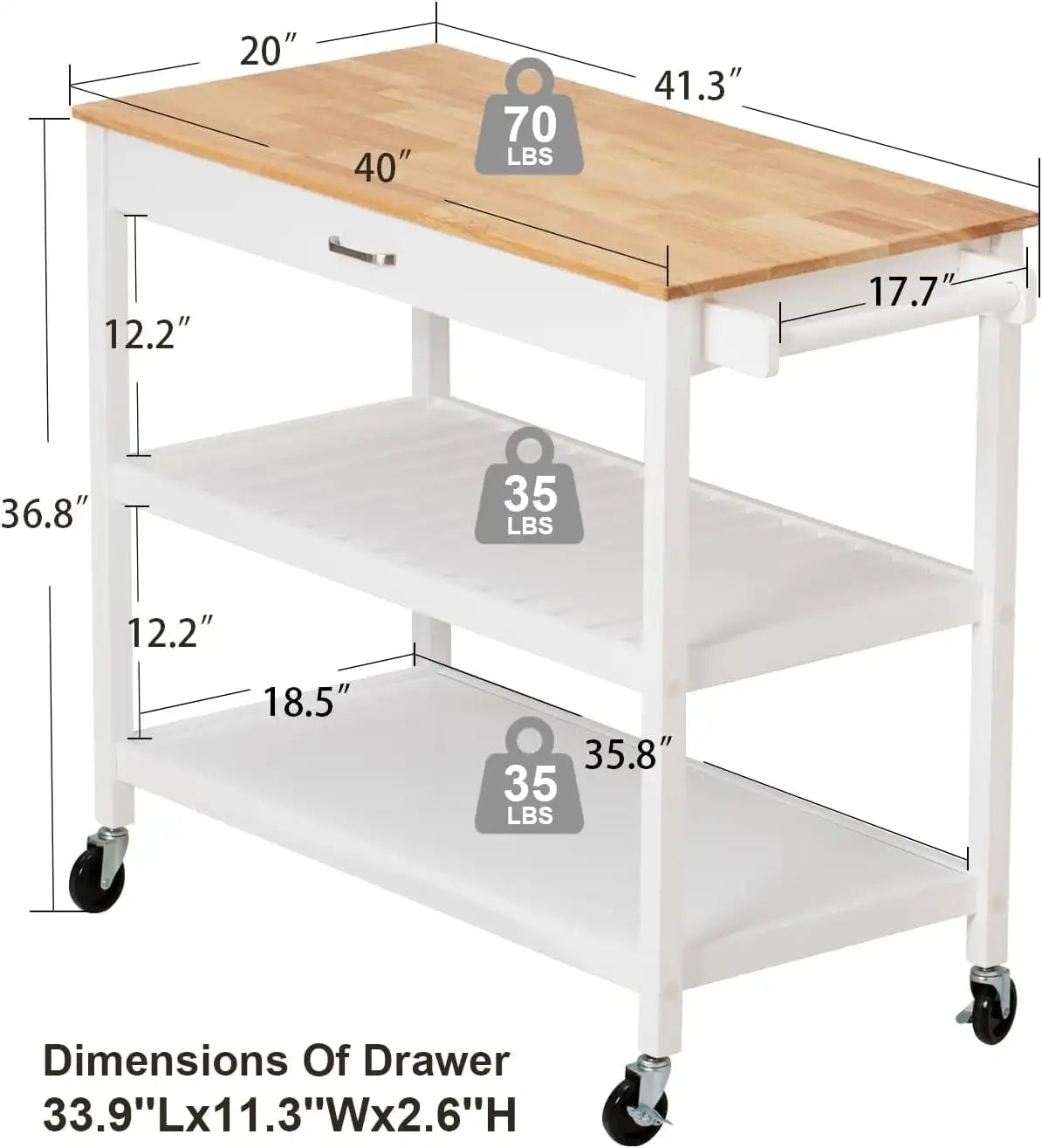 XMSJH 3 Tier Kitchen Island Cart On Wheels With Storage