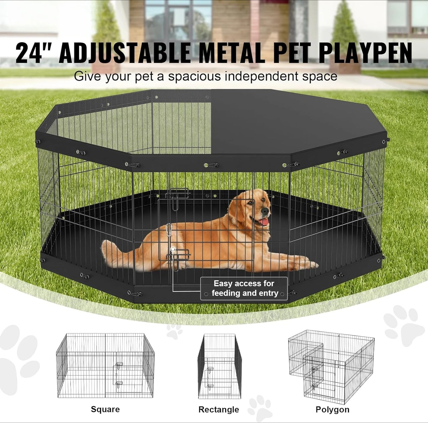 Foldable Metal Dog Exercise Pen Pet Playpen Dog Fence for Camping with Top Cover and Bottom Pad 24 Inch Height 8 Panels Puppy Crate Indoor Outdoor for Medium Dogs
