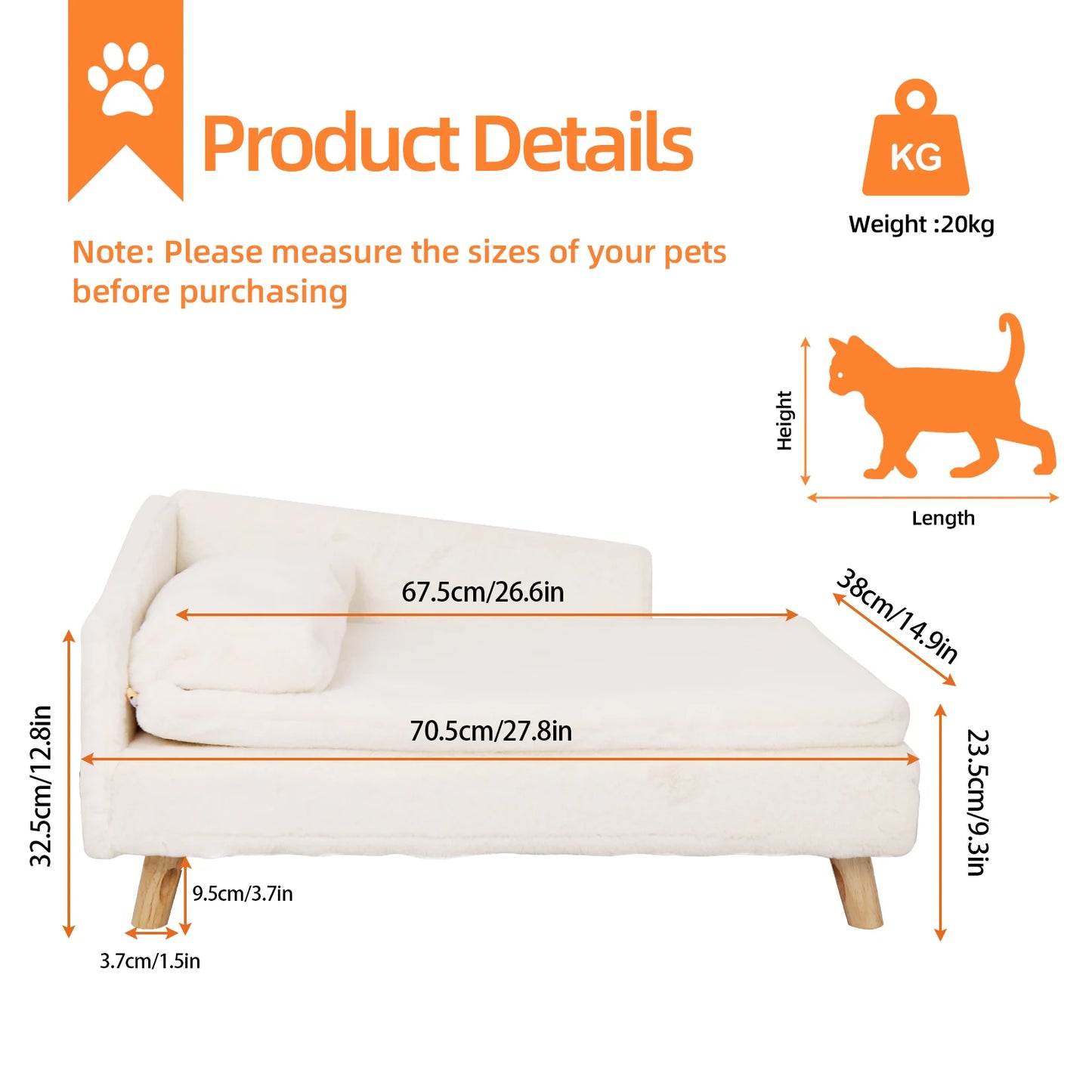 Elevated Pet Bed Nordic Pet Stool Bed with Cozy Waterproof Pad Pet Sofa Bed with Sturdy Wood Legs for Small Dogs and Kittens
