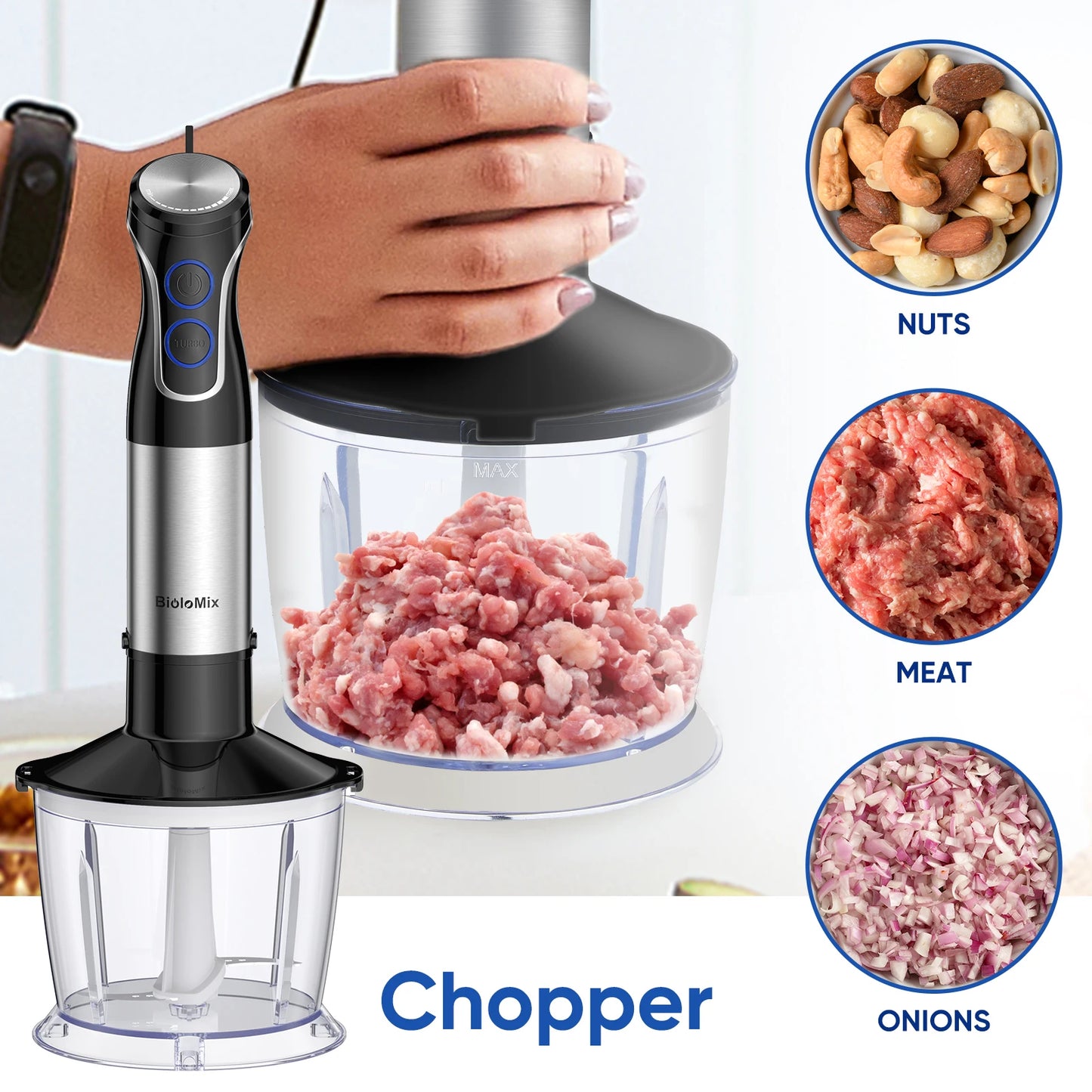 BioloMix 5 in 1 Immersion Hand Blender 1500W Stainless Steel Blade Food Processor Smoothies Puree Baby Food
