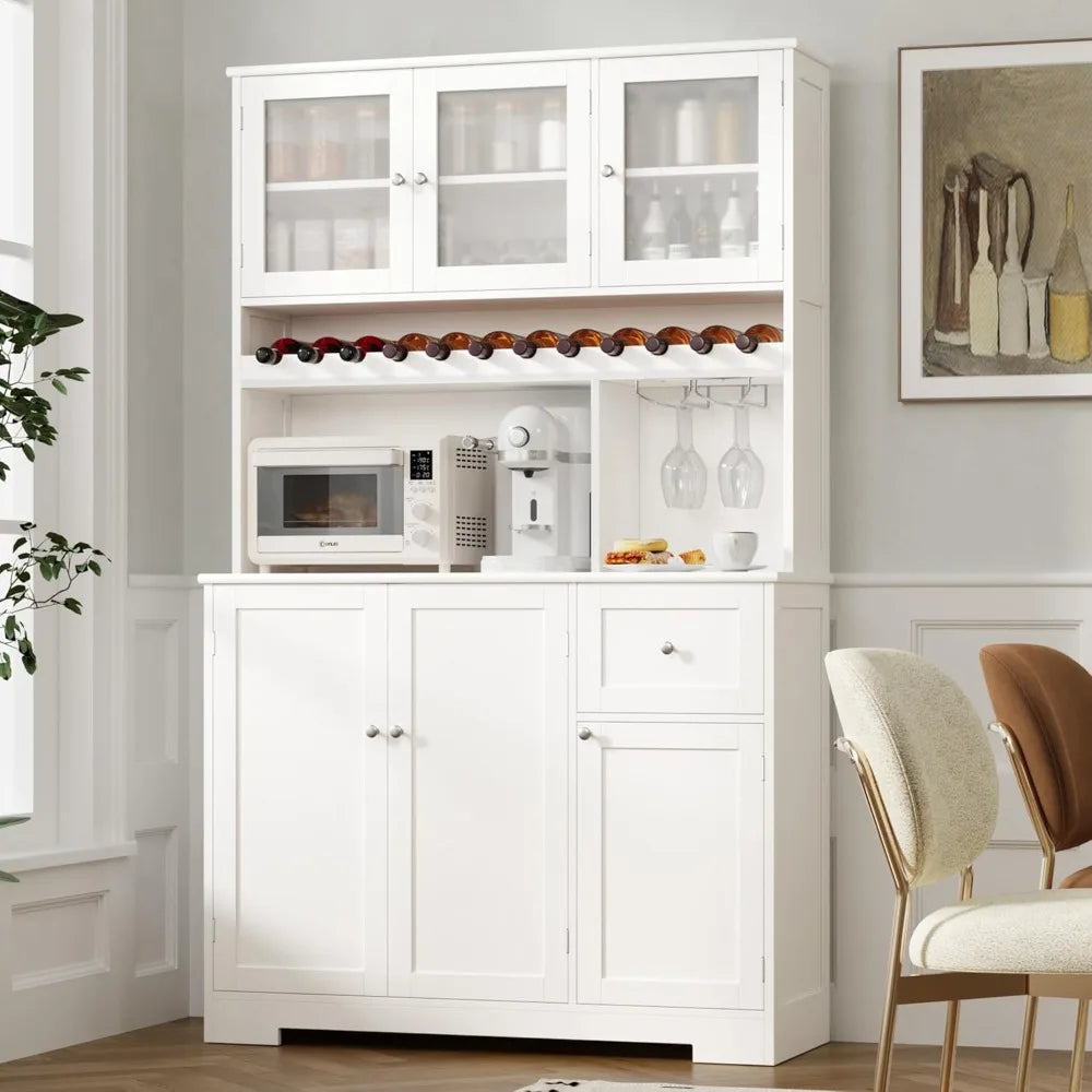 71 Inch Kitchen Pantry Storage Cabinet with Wine Rack Large Pantry Cabinet with Microwave Stand Modern Kitchen Hutch with Six Doors