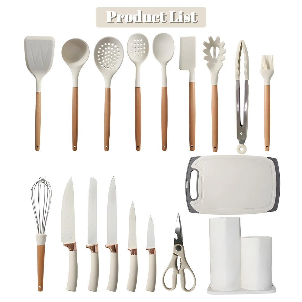 20 Piece Silicone Kitchen Knife Set Heat Resistant Non Stick Soup Spoon Cooking Utensils with Scissors Peeler and Meat Cutter