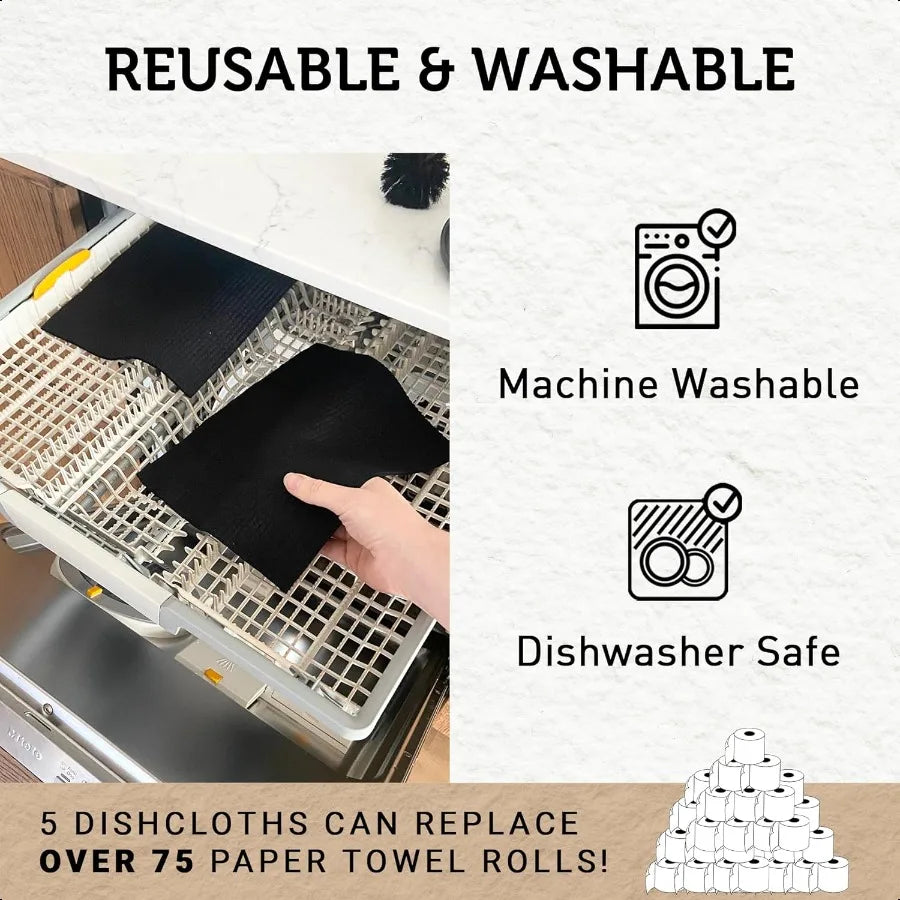 Large Swedish Dishcloths 5 Pack Black Reusable Washable Cellulose Cotton Kitchen Cloths 9.5x8 Inch Replace Paper Towels