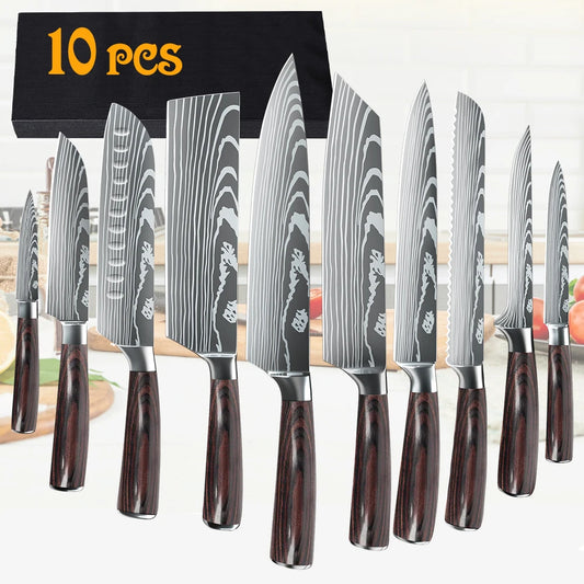8 or 10 Pieces Gift Japanese Kitchen Knives Set Laser Damascus Pattern High Carbon Stainless Steel Chef Knife and Fruit Slicing Knife