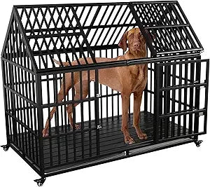 Heavy Duty Dog Crate for Large Giant Dogs Metal Pet Cage with Roof Sturdy Playpen 54 Inch Dog Kennel with Strong Latches
